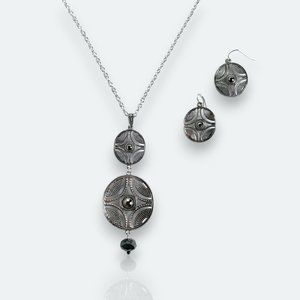 Necklace & Earring Set, Silver Antique, Double Round Pend, Hemi Crystal, 26"-28"